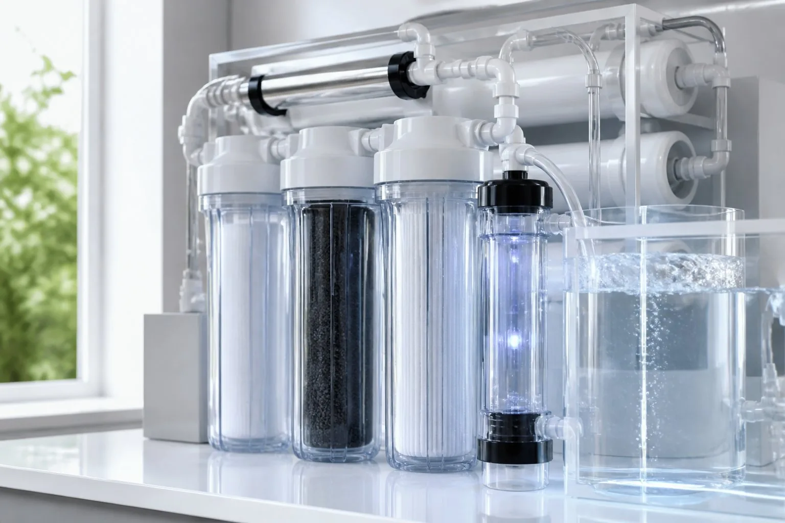 A clean water purification system with clear pipes, filters, and tanks showing crystal clear water flowing through the equipment.