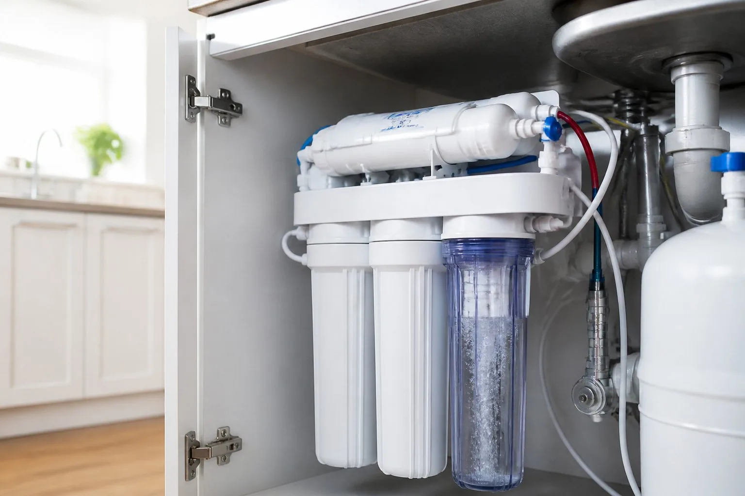 Close-up view of a modern water filter system installed under a kitchen sink with clear water flowing through the filter.
