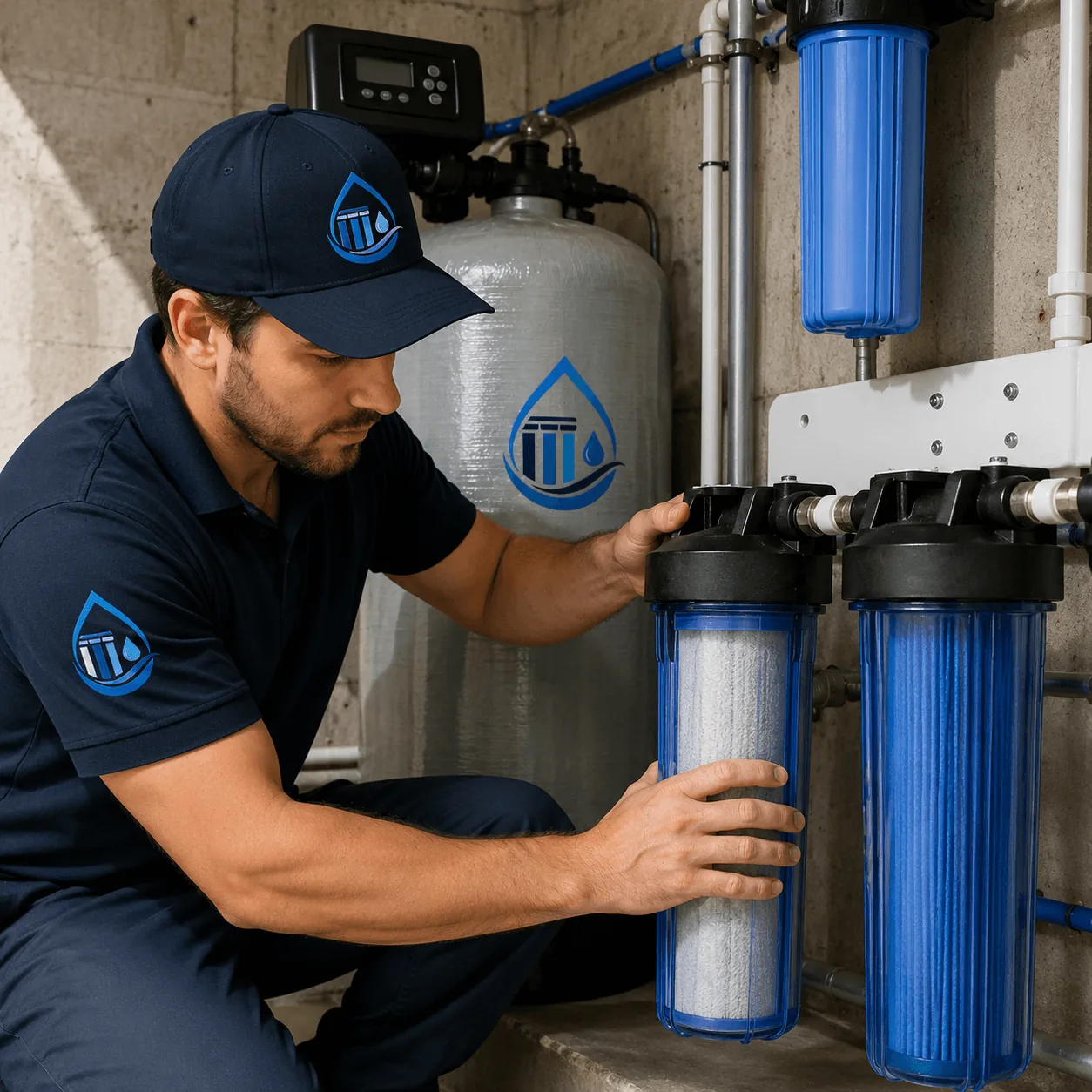 Irvine Water Filtration technician replacing a sediment filtration cartridge in a whole-house water filtration system in Irvine, California