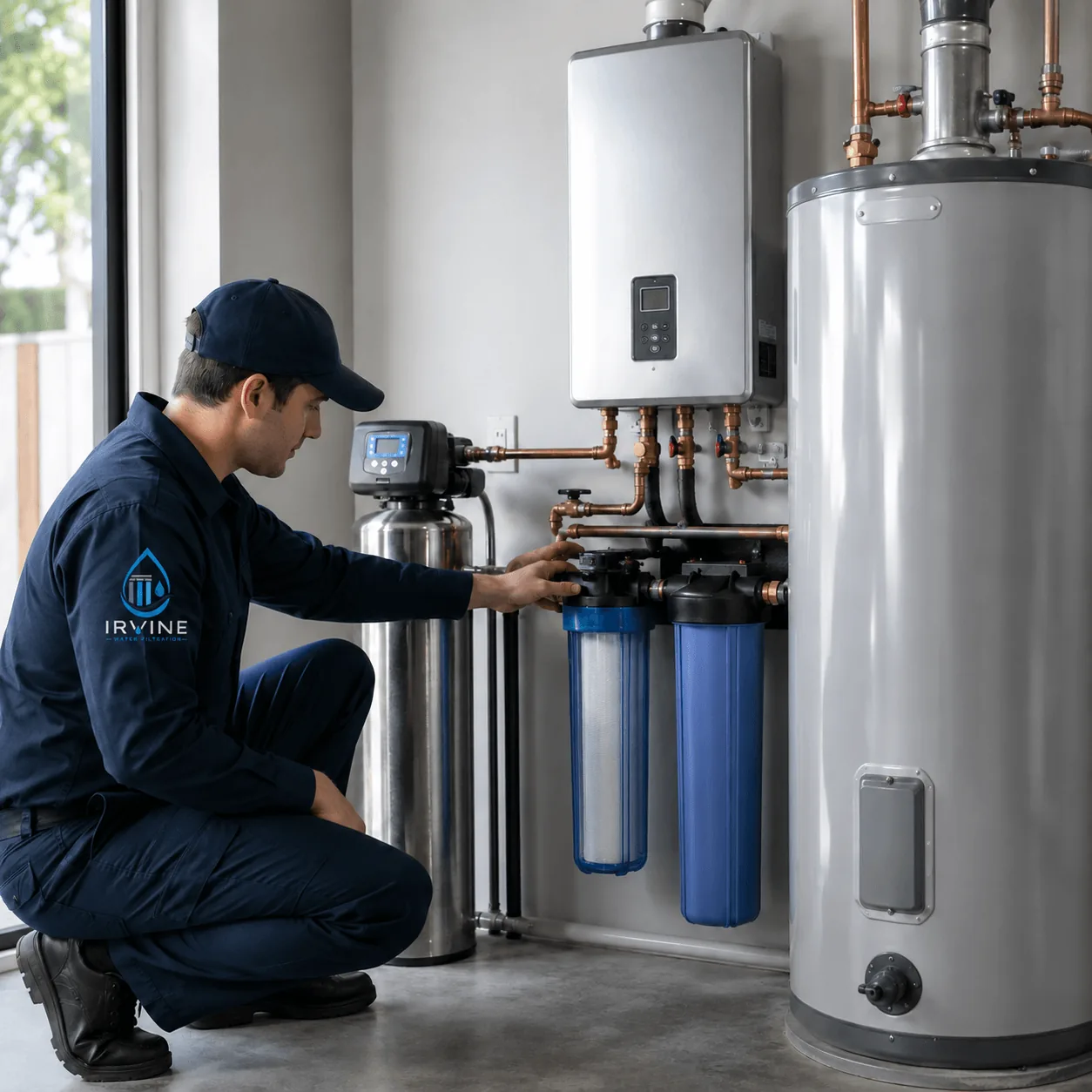 Water softener vs salt-free conditioner in Irvine: tank system, filters and water heater in an Irvine, California home
