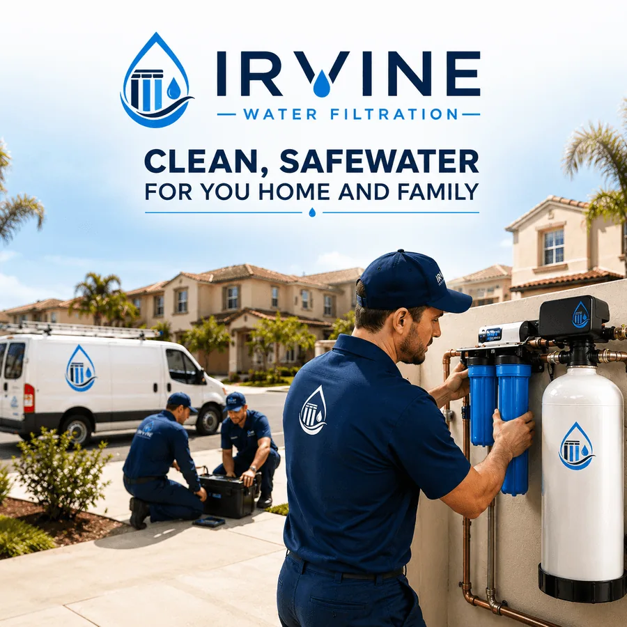 Cleaner, safer water from every tap in your Irvine homes Technician installing a whole-house Irvine Water Filtration system in Irvine, California while the local service team works at nearby homes.