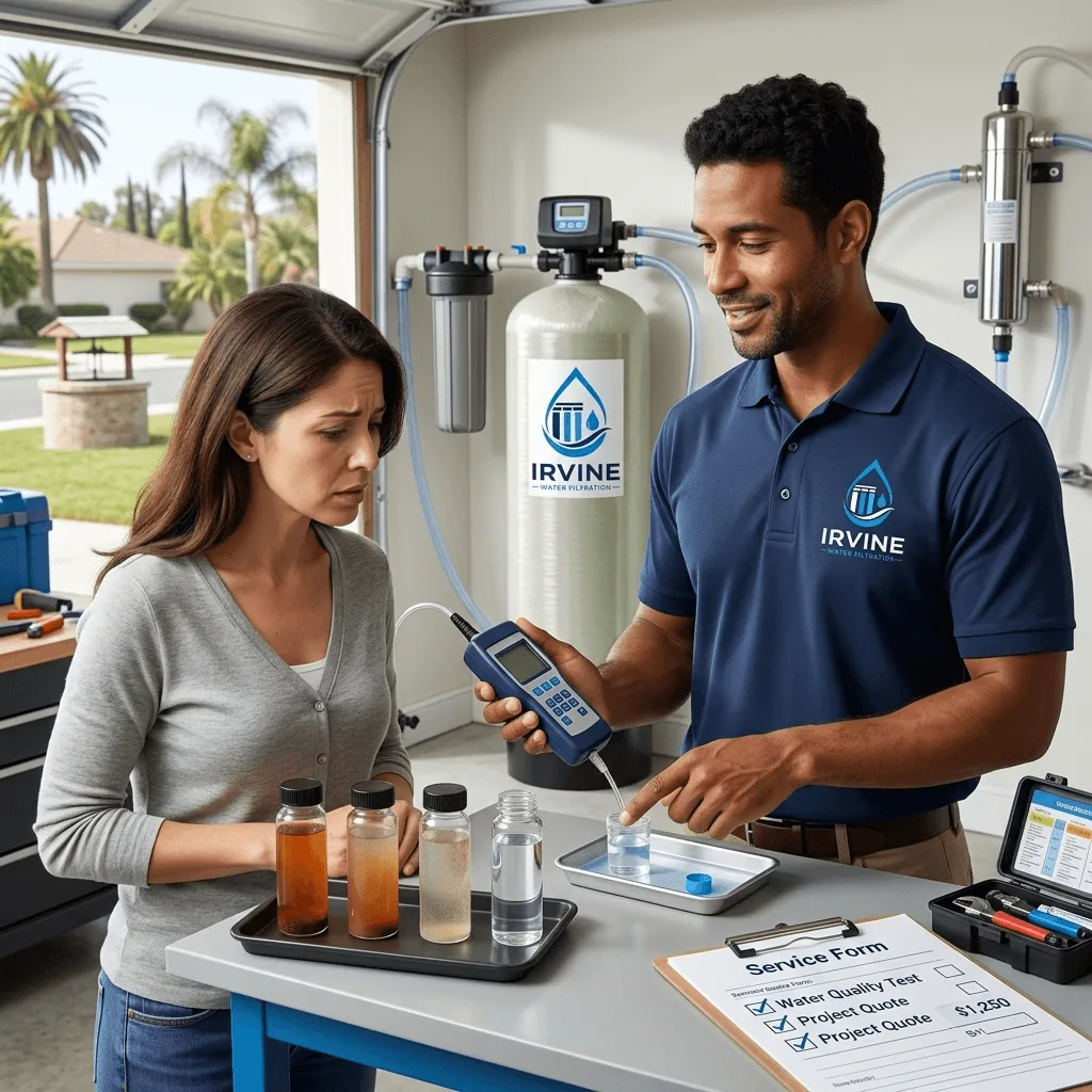 Irvine Water Filtration technician reviewing water test samples with a homeowner in her garage