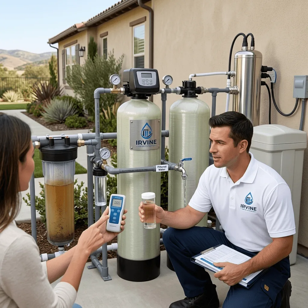 Well Water Filtration & Treatment in Irvine, CA Irvine Water Filtration technician testing well water with a homeowner beside the treatment system