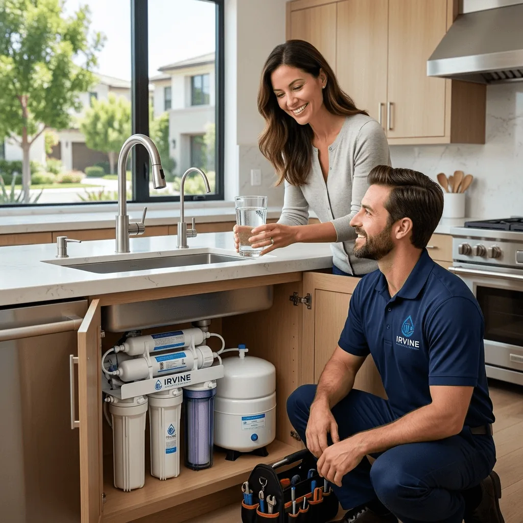 Irvine Water Filtration technician installing an under-sink drinking water filter while the homeowner fills a glass