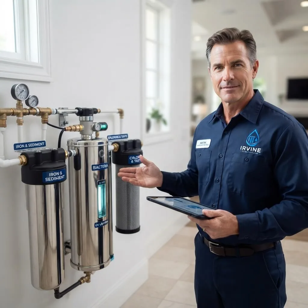 Irvine Water Filtration technician presenting a UV water purification system in a home