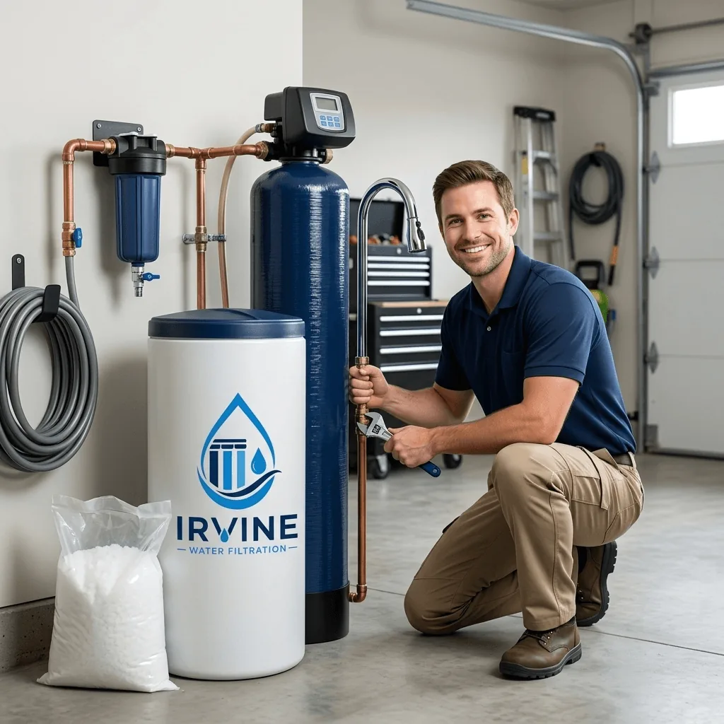 Is a water softener worth it in Irvine: salt-based softener, brine tank and salt bag installed in an Irvine, California garage
