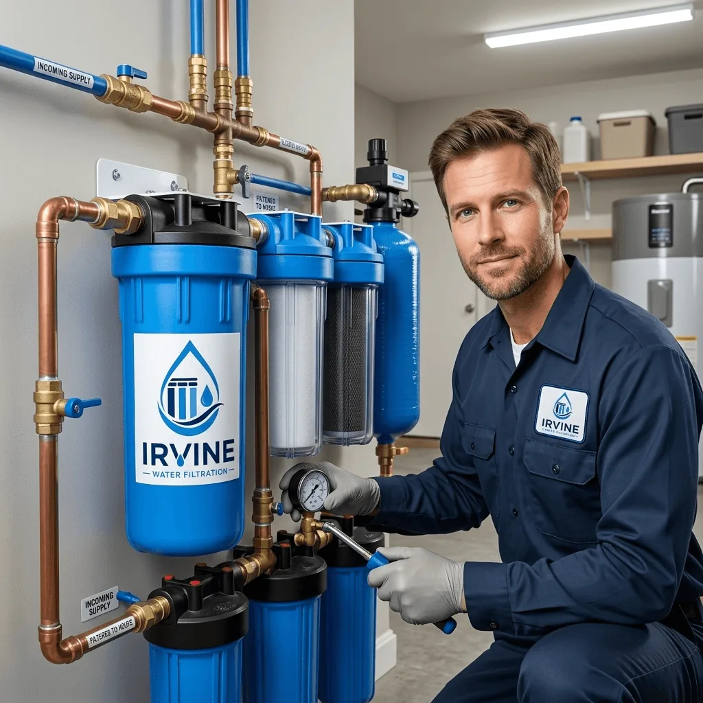 Whole House Water Filtration in Irvine, CA Irvine Water Filtration technician beside a whole-house filtration system with blue filter housings