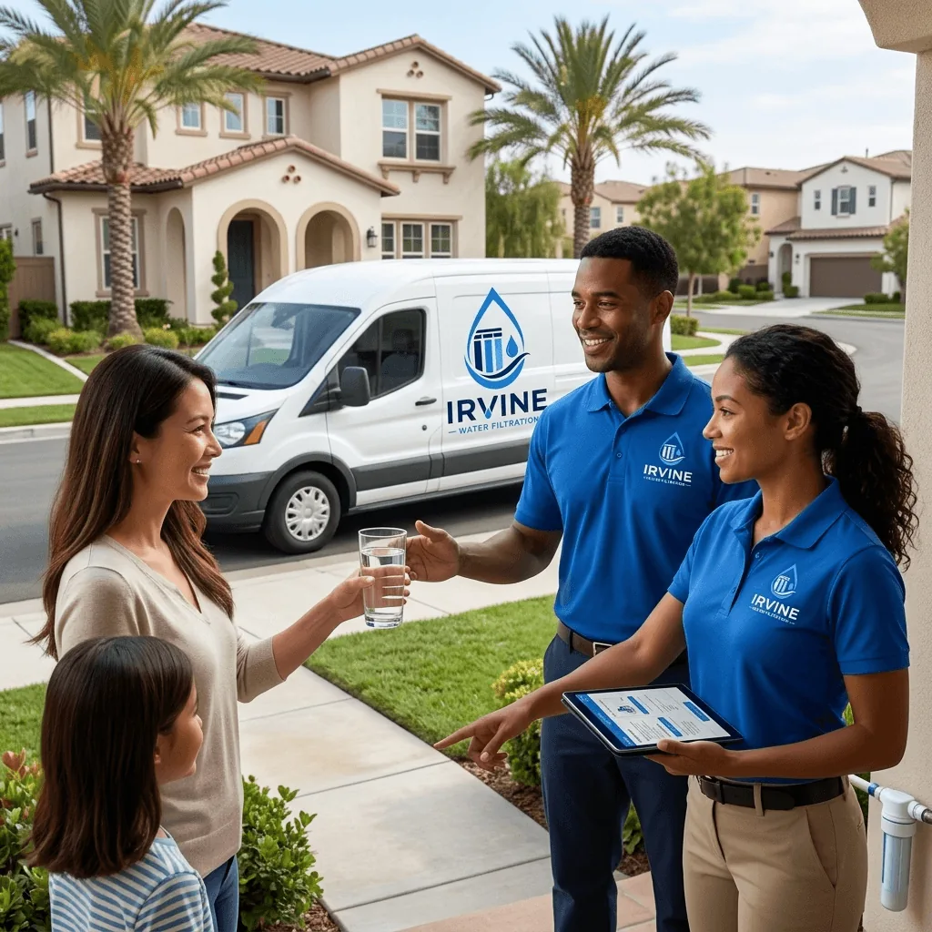 Irvine Water Filtration technicians greeting a family outside their home beside the service van