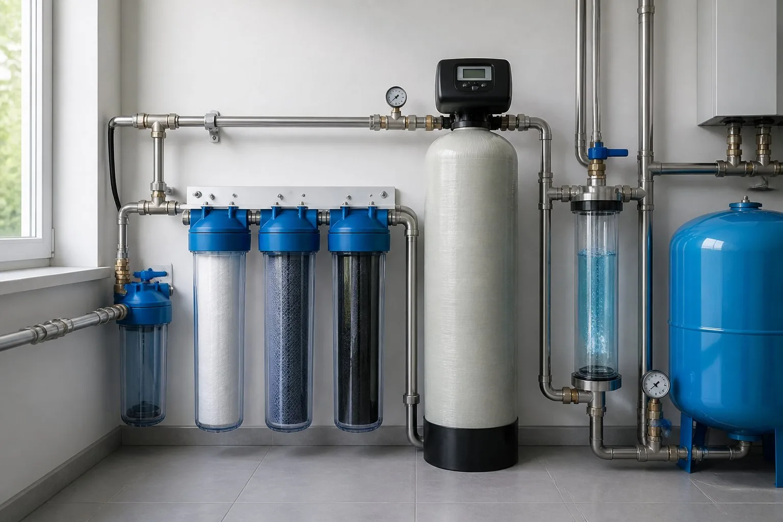 A whole house water filtration system with multiple connected filtration units and pipes inside a utility room.